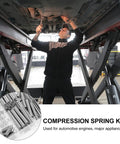 Massive 200-Piece Steel Spring Assortment Kit With Heavy Duty Compression And Extension Springs For Tough DIY Repairs And Industrial Equipment Fixes That Get The Job Done Right, under-car mechanic using compression springs