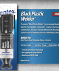 Packaging of Black Plastic Weld Adhesive For Plastics Ceramics And Wood, Fast-Curing Structural Bond Up To 3500 Psi, 0.84 Fl Oz