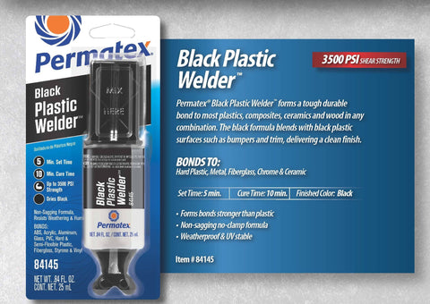 Packaging of Black Plastic Weld Adhesive For Plastics Ceramics And Wood, Fast-Curing Structural Bond Up To 3500 Psi, 0.84 Fl Oz