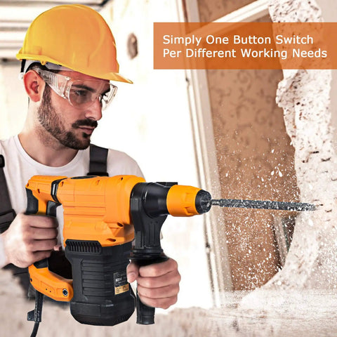 Heavy Duty 1-1/4 Inch SDS-Plus Rotary Hammer Drill With 12.5 Amp Motor in use by worker drilling concrete wall