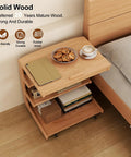 C Shaped Rolling Side Table With Wheels Solid Wood 4-In-1 Adjustable Desktop under bed beside bed with books and coffee on top