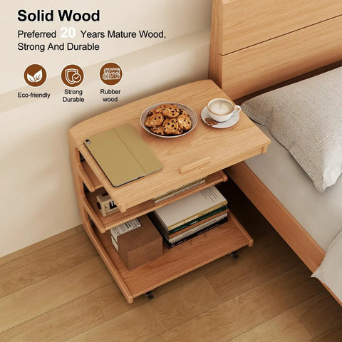 C Shaped Rolling Side Table With Wheels Solid Wood 4-In-1 Adjustable Desktop under bed beside bed with books and coffee on top
