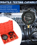 Front view of weyleity fuel pump and vacuum tester gauge kit; black gauge with hoses in engine bay, red case.