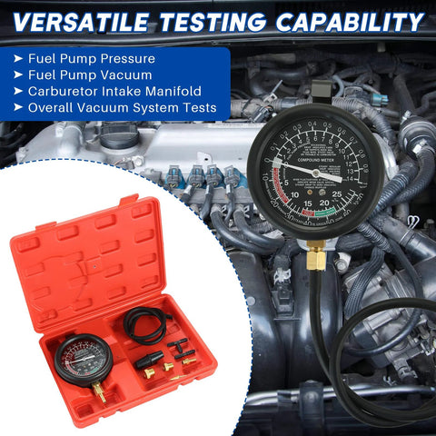 Front view of weyleity fuel pump and vacuum tester gauge kit; black gauge with hoses in engine bay, red case.