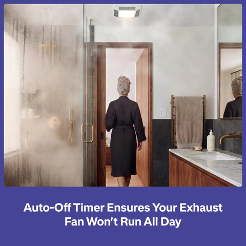 Woman exiting steamy bathroom with Smart Humidity Sensor Switch For Bathroom Exhaust Fans With Auto Moisture Control in use.