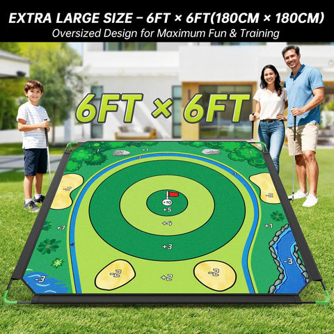 Massive 6x6 Foot Golf Chipping Game Set with colorful outdoor mat and family playing