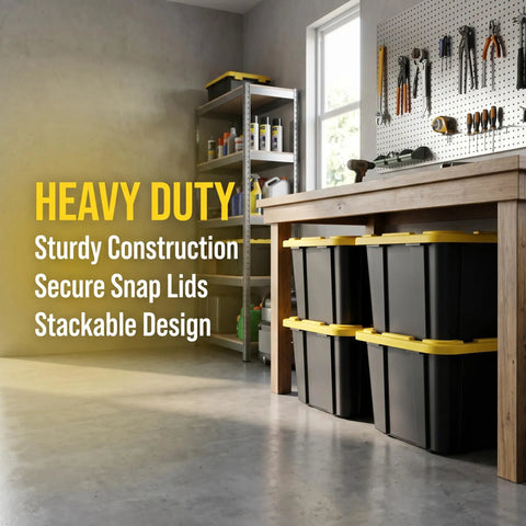 Badass Heavy Duty 6 Pack 27 Gallon Storage Bins Stackable Plastic Totes Snap Lids Black Containers Yellow Latches Garage Home Organization No Sweat Clutter Solution For Any Space