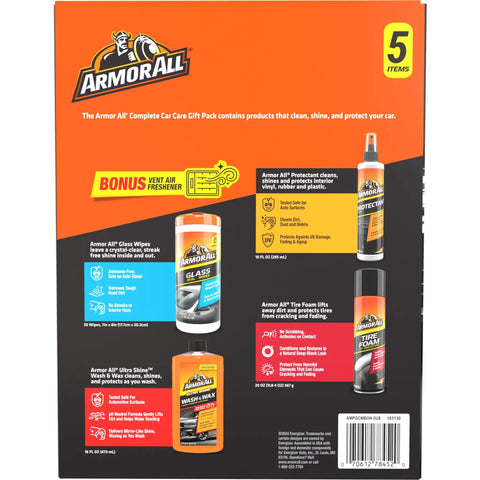 Back of All In One Car Cleaning Kit packaging with wash, wax, glass wipes, tire foam, and protectant for easy car care.