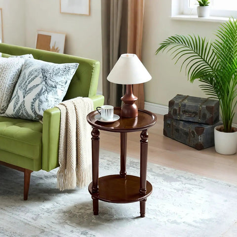 Vintage Walnut Wood Accent Table With Dual Storage Tiers Space Saver Slim Corner End Table For Small Spaces Couch Side Sofa Table Brown Nightstand Style For Hallway Bedroom And Living Room 15.74 Inch Wide Round Dark Finish With Hidden Shelf in living room setting.