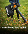Person using Cordless 3 In 1 Leaf Blower Vacuum Mulcher With Brushless Motor on lawn, featuring bag attachment.