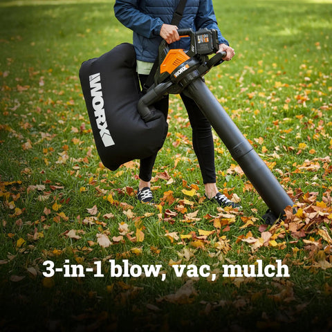 Person using Cordless 3 In 1 Leaf Blower Vacuum Mulcher With Brushless Motor on lawn, featuring bag attachment.