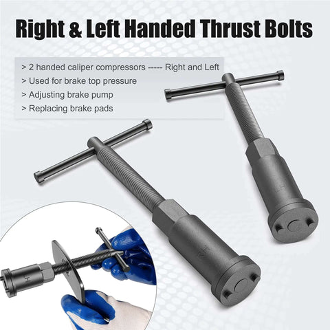 Right and left handed thrust bolts from Must Have Universal Disc Brake Caliper Wind Back Tool And Piston Compression Set 26 Piece Blue Kit