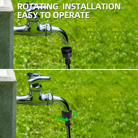 Garden Hose Quick Connect Kit Two Pack With Five Sixteenth Inch Single Port Connectors Faucet Adapters And Pipe Plugs Drip Irrigation Parts Fits Three Quarter And One Half Inch Faucets Easy No Fuss Outdoor Watering installed on outdoor faucet