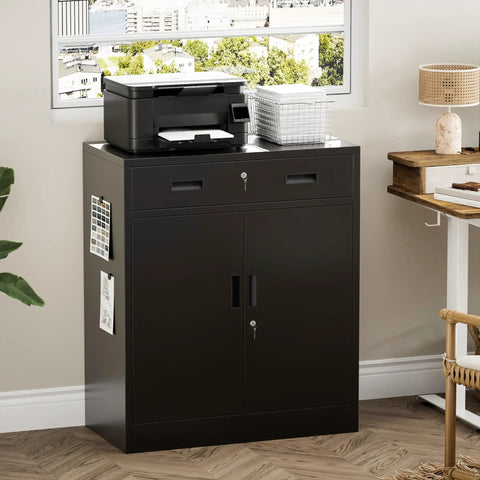 Heavy Duty 36 Inch Locking Metal Storage Cabinet With One Drawer And Adjustable Shelves For Home Garage Office School And Warehouse Durable Steel Scratch Resistant And Easy To Clean, black