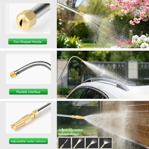Beast Mode High Pressure Power Washer Wand Kit with adjustable nozzle and fan spray shown in garden and car washing use.