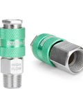 High Flow 7 Piece Air Coupler and Plug Kit with One Quarter Inch Body and Three Eighth Inch NPT Quick Connect Fittings in green