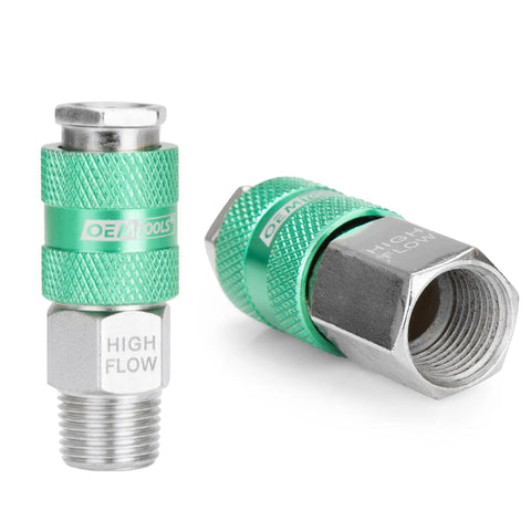 High Flow 7 Piece Air Coupler and Plug Kit with One Quarter Inch Body and Three Eighth Inch NPT Quick Connect Fittings in green