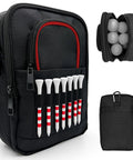 Ultimate Golf Valuables Pouch and Ball Bag with tees, pockets, holds about 25 golf balls, portable organizer, top and back view