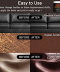 Dark Brown Leather Recoloring Balm Slaps New Shine On Worn Furniture Couches And Car Seats Revives Faded Scratched Or Cracked Vinyl For A Fresh New Vibe Quick Drying Formula Provides Smooth Coverage Without Streaks on before and after images of leather furniture.
