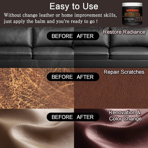 Dark Brown Leather Recoloring Balm Slaps New Shine On Worn Furniture Couches And Car Seats Revives Faded Scratched Or Cracked Vinyl For A Fresh New Vibe Quick Drying Formula Provides Smooth Coverage Without Streaks on before and after images of leather furniture.