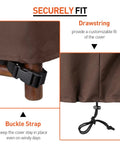 Close-up of drawstring and buckle strap on heavy duty waterproof outdoor chair covers built to last for high back dining and swivel chairs pack of 2 all weather patio furniture covers beige and brown fits up to 29W 30D 42H