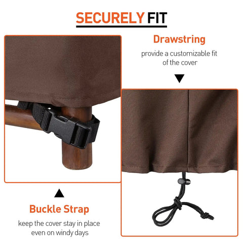 Close-up of drawstring and buckle strap on heavy duty waterproof outdoor chair covers built to last for high back dining and swivel chairs pack of 2 all weather patio furniture covers beige and brown fits up to 29W 30D 42H