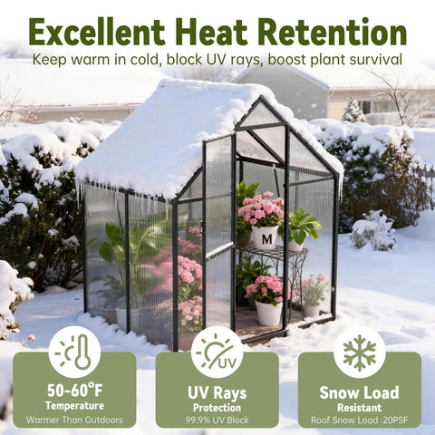 Durable 6x4 Ft Polycarbonate Greenhouse With Hygrometer For Outdoor Planting, Easy Assembly, Aluminum Frame, Lockable Door, Vented Roof Window, Heavy Duty Garden Shelter For Year Round Growth