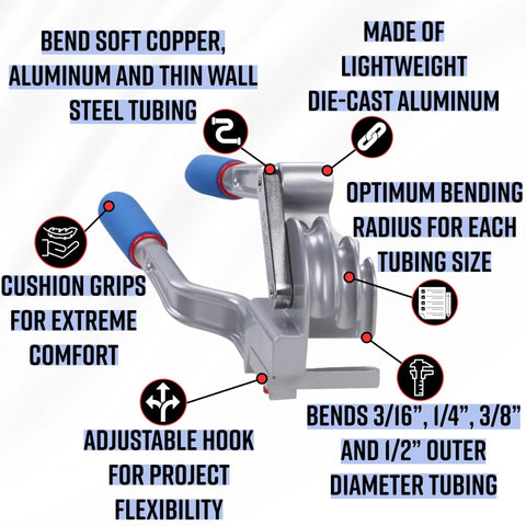 Rock Solid Heavy Duty Triple Head Tube Bender Built For No Sweat 180 Degree Copper And Steel Air Conditioning Line Bending with comfort grips.
