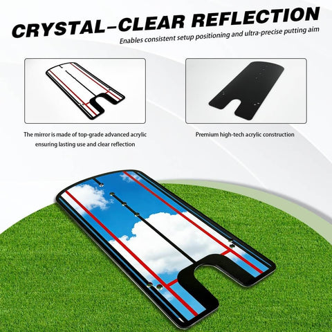 Putting Mirror Alignment Training Aid For Golf placed on green grass displaying a clear sky reflection for accuracy practice.