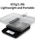 Square BBQ Fish Basket For Grilling Great For Camping Stainless Steel Rust Resistant Easy To Clean Stable Design Keeps Fish In Place Outdoor Cooking Essential For Any Grill Session on digital scale showing 637g weight