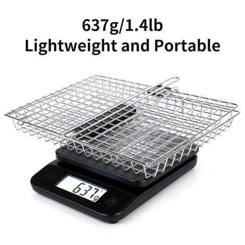 Square BBQ Fish Basket For Grilling Great For Camping Stainless Steel Rust Resistant Easy To Clean Stable Design Keeps Fish In Place Outdoor Cooking Essential For Any Grill Session on digital scale showing 637g weight