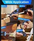 Heavy Duty Eight Volt Cordless Rotary Tool With 135 Piece Accessory Kit And Two Point Eight Amp Hour Battery Offering Five Variable Speed Levels Up To 30000 Rpm For Drilling Grinding Sanding Carving Engraving Polishing Cutting Without Any Cord Dragging in use for sanding, grinding, carving, cutting, and polishing.