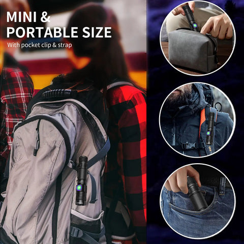 Rechargeable USB 395nm UV Black Light Flashlight Mini Ultraviolet LED Torch clipped to backpack and in pocket.