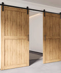 Black Rustic Non Bypass Sliding Barn Door Hardware Kit For Double Doors 7.5 Ft Flat Track With Straight Rollers Installed