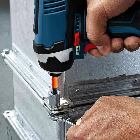 20 Piece Hex Bit Set With 1 Quarter Inch Hex Shank Magnetized S2 Alloy Steel Bits for Impact Drills in use on metal surface