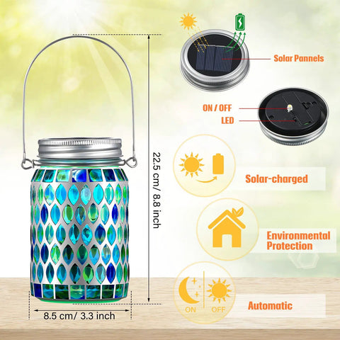 Three Piece Solar Powered Mosaic Lights Set For Outdoor Hanging Use Blue Lanterns Waterproof Night Lights For Tree Garden Patio Yard And Party Decor With Easy Hook Design Perfect For Indoor And Outdoor Vibe with dimensions 22.5 cm tall