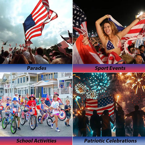 Collage of Patriotic Red White and Blue Glitter Stick uses in parades, sports events, school activities, and celebrations.
