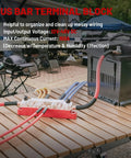 Heavy Duty 150A 12V Bus Bar With Cover, Dual Terminal Block For Car Boat Marine Solar Systems, 4 M6 Studs And 6 M4 Studs, 48V DC Ready, Keeps Wiring Clean And Safe, Black And Red mounted on RV table