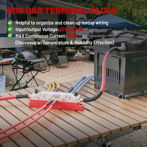 Heavy Duty 150A 12V Bus Bar With Cover, Dual Terminal Block For Car Boat Marine Solar Systems, 4 M6 Studs And 6 M4 Studs, 48V DC Ready, Keeps Wiring Clean And Safe, Black And Red mounted on RV table