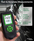 Auto Paint Thickness Gauge For Car Panels CM-206X Coating Meter With 0 To 59.1 Mils Range And 0.001 Mil Resolution Fe NFe Zn Auto Detection Ruby Probe Great For Door Hood Roof And Quarter Panel Inspections. Handheld coating thickness gauge showing 440.9 mil on a car panel.