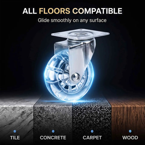 Transparent 3 Inch Caster Wheels Set Of 4 With Beefed Up Heavy Duty Steel Plate And Clear PU Tread for all floors