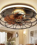Caged Ceiling Fan With Light And Remote Control, 17 Inch Wood Grain Black Enclosed Fan with 7 Blades, LED Light in dining room