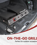 Three Burner Propane Grill And Griddle Combo With Lid, 29,000 BTU Output, placed in car trunk for easy transport