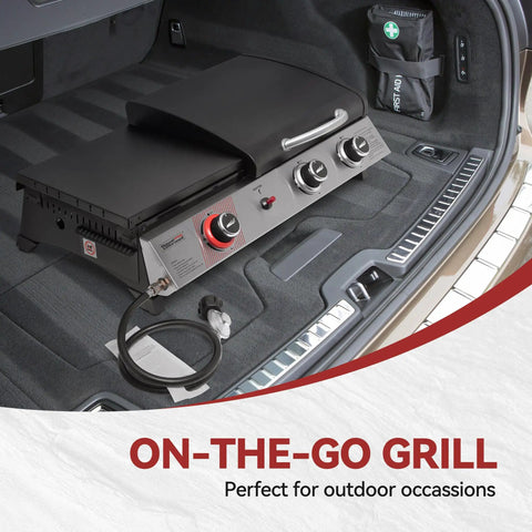 Three Burner Propane Grill And Griddle Combo With Lid, 29,000 BTU Output, placed in car trunk for easy transport