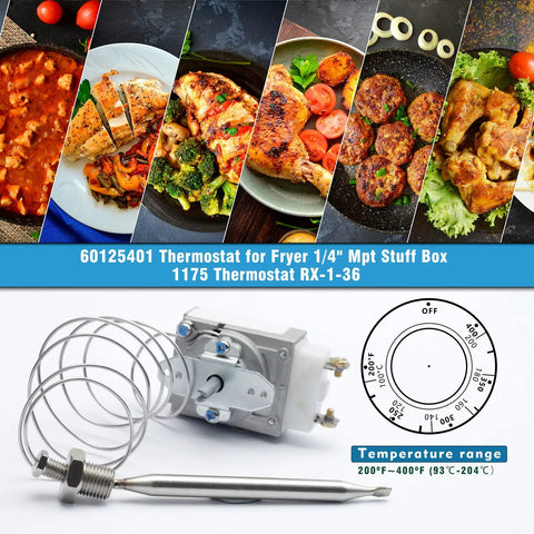 Heavy Duty Deep Fryer Thermostat RX-1-36 Replacement For Pitco 60125401 And Royal Range 3113 shown with cooking images