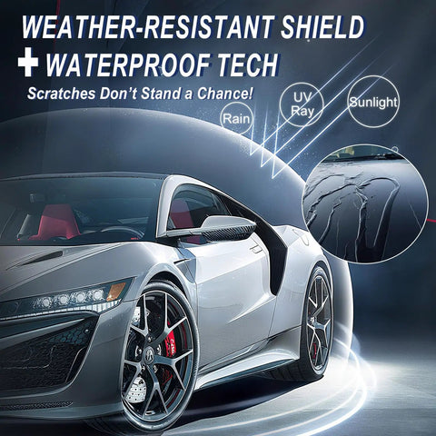 Car with text overlay showcasing Universal Car Scratch Remover Pen Kit For All Colors effectiveness, weatherproof technology diagram.