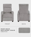 Front and back view of Cozy Corduroy Pushback Recliner Chair with solid wood frame and metal base, light grey fabric swatch shown.