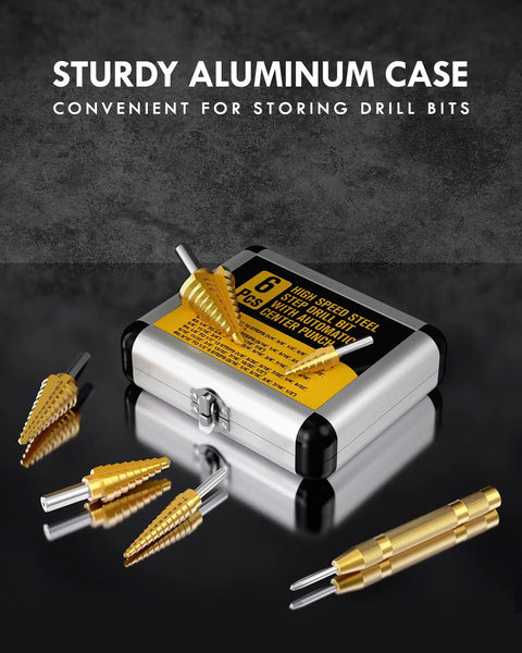 6 Piece Step Drill Bit Set with Automatic Center Punch, aluminum case, high speed steel drill bits, 50 size range.