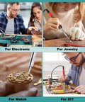 Collage showing 120W Digital Soldering Iron For DIYers With LED Display in use for electronics, jewelry, watches, and DIY projects.