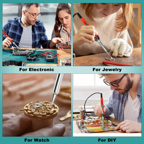 Collage showing 120W Digital Soldering Iron For DIYers With LED Display in use for electronics, jewelry, watches, and DIY projects.